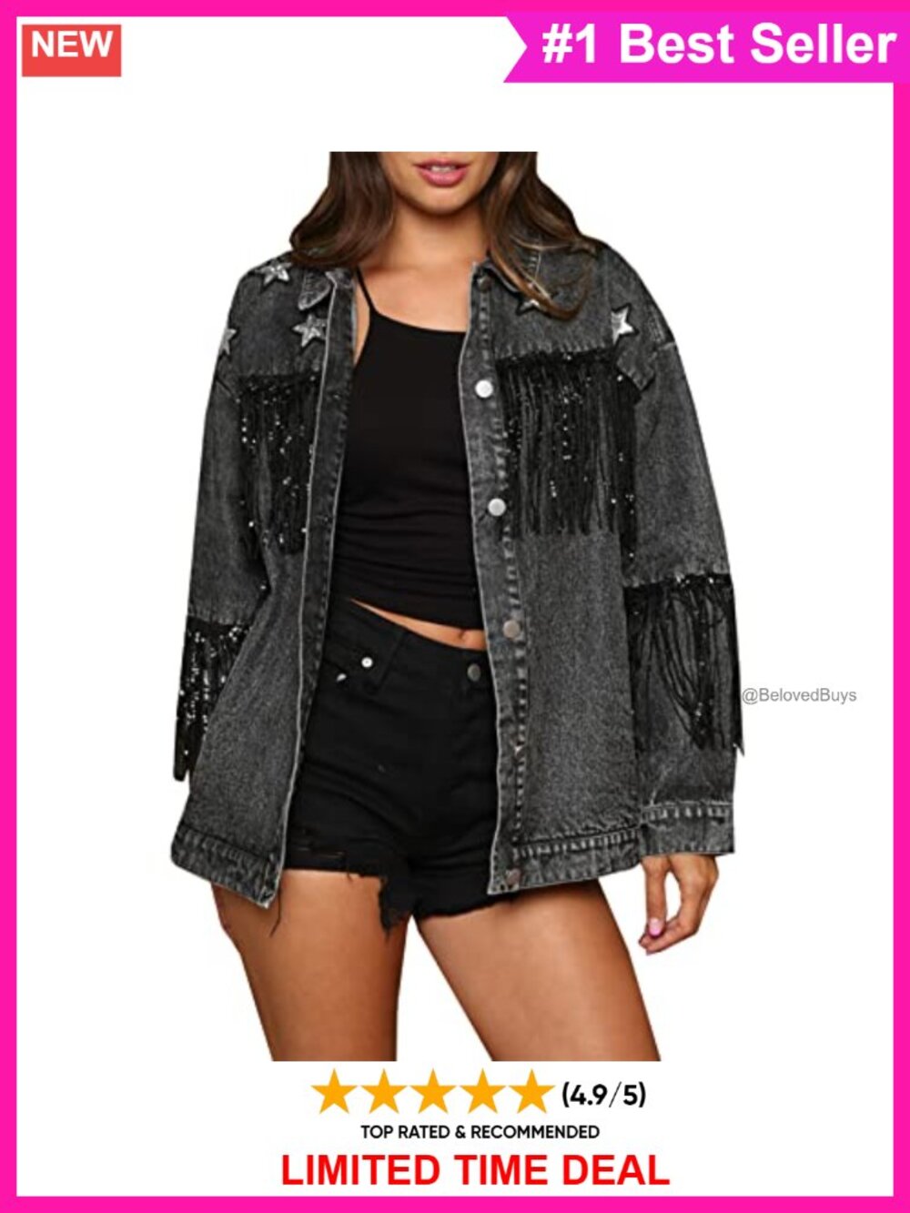 Women's Oversized Fringe Denim Jacket Star Embroidered Boyfriend Jean Coat